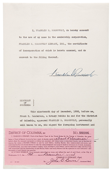 ROOSEVELT, FRANKLIN D. Document Signed, as President,